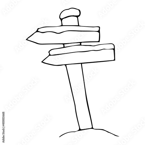 post pointer with snow, freehand drawing, vector illustration in cartoon style. Ideal for booklets, brochures, invitations or book or website decoration.