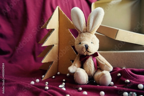 Bunny with Christmas tree, Merry Christmas and Happy New Year
