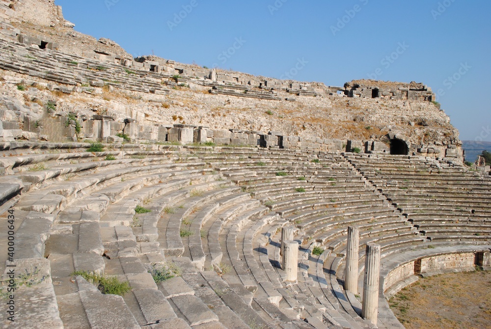 Miletus Ancient Theater. A Hellenistic theater dating back to 500 BC with the beautiful Patina. Miletus ruins, western coast of Anatolia. Didim, Mediterranean region, Turkey