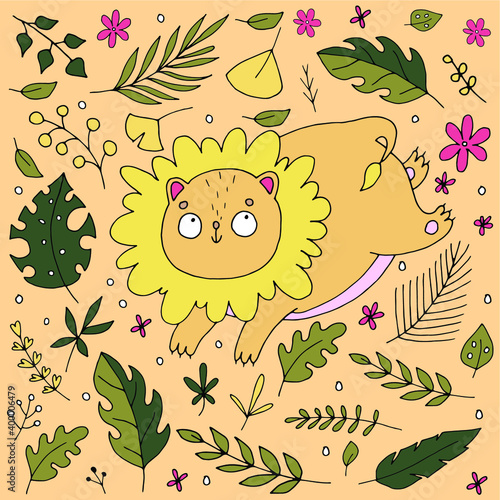 cute lion with mane jumping with leaves and flowers, cute baby illustration