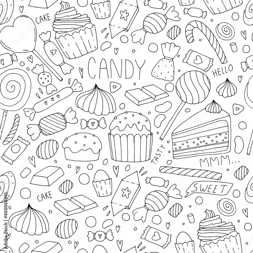 seamless pattern with cute sweets, cakes, pastries, sweets, kids doodle illustration