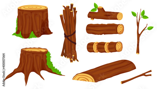 Wood material and made wood products. Wooden logs for the timber and timber industry. Trunks, stumps and planks illustration. Wooden elements, logs and tree trunks. Vector illustration