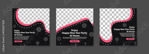 Enjoy happy new year at home. collection of social media posts template for the anti-covid-19 coronavirus campaign