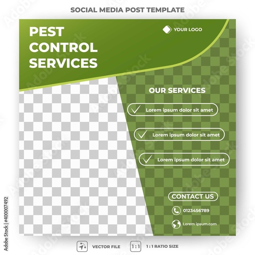 Editable square banner template. Social media post template pest control. Green color shape with photo collage. Suitable for social media, banner and web internet ads.