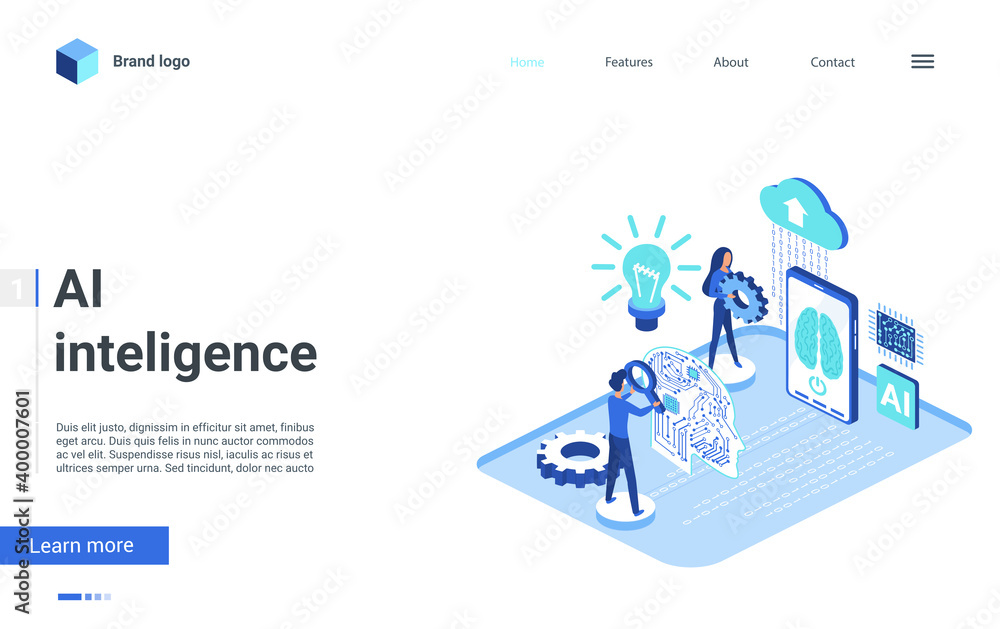 Website creative landing page design, cartoon engineer people learning digital robot brain machine intelligent, futuristic tech AI technology. Isometric artificial intelligence vector illustration. Website creative landing page design, cartoon engineer people learning digital robot brain machine intelligent, futuristic tech AI technology. Isometric artificial intelligence vector illustration.