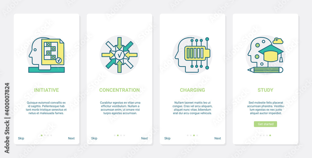 Human brain initiative processes to study charge concentrate vector illustration. UX, UI onboarding mobile app page screen set with line focus on business brainstorm, control studying concentration
