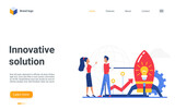 Cartoon website landing page design with starting rocket, light bulb, money, successful innovation or business project startup symbol. Innovative solution, creative business idea vector illustration