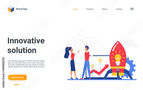 Cartoon website landing page design with starting rocket, light bulb, money, successful innovation or business project startup symbol. Innovative solution, creative business idea vector illustration