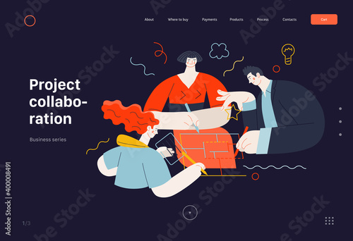 Business topics - project collaboration, web template. Flat style modern outlined vector concept illustration. A group of people working on the project drawing it together. Business metaphor.