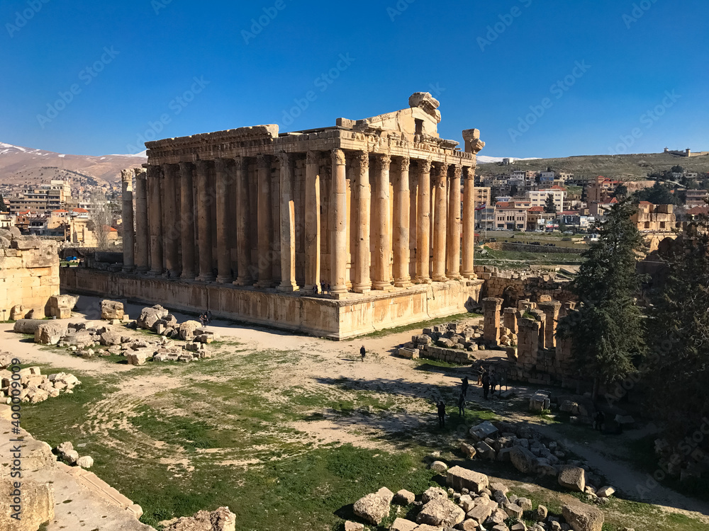 View of the Temple of Bacchus, Baalbek. Blue sky