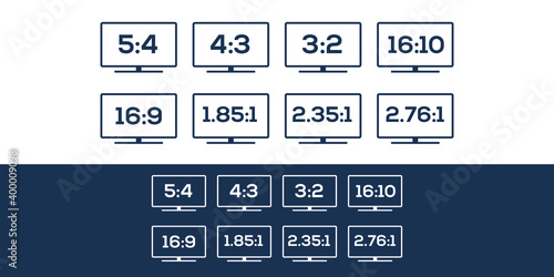 TV, monitors and Screen Aspect ratio icons, widescreen and standard monitors, icons set.