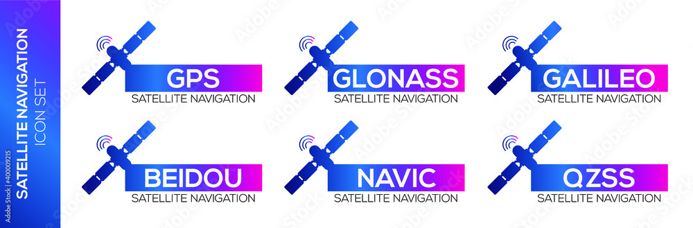 Satellite navigation system icons, GPS, GLONASS, Galileo, BeiDou, NavIC,  QZSS, Vector Icons set. Stock Vector | Adobe Stock