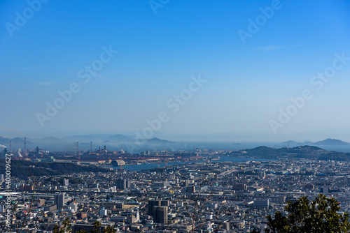 Fukuyama City seen from the top of the mountain.  Residential and industrial area 