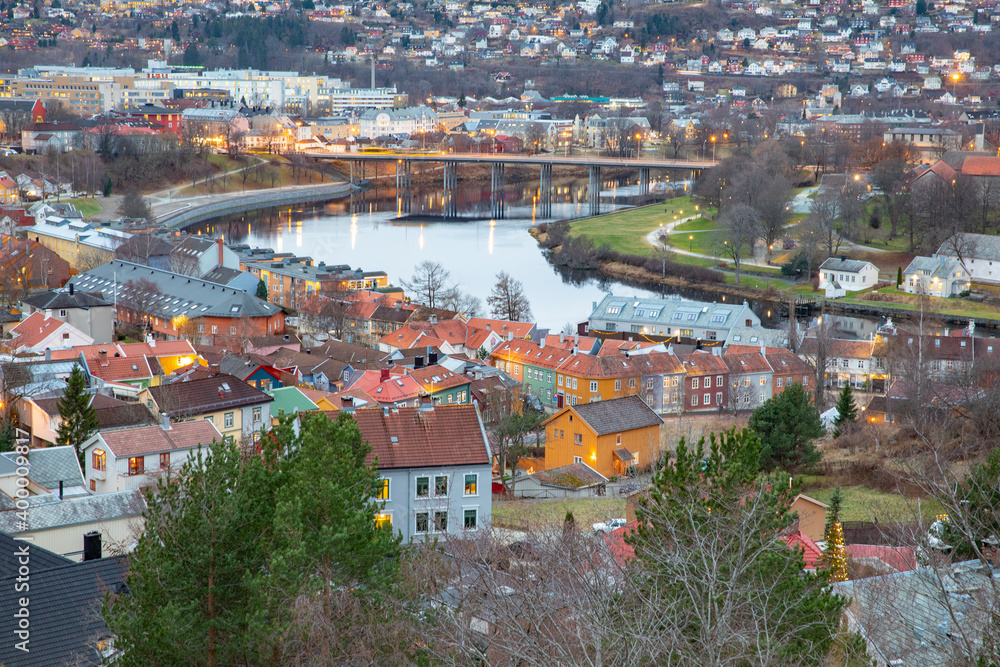 View of Trondheim city from Bakklandet, east city on a December day,Trøndelag county,Norway,scandinavia,Europe
