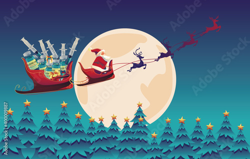 Santa Claus transporting happiness In Christmas and New Year, the COVID-19 vaccine is delivered to people. a vaccine vial, Vaccine development ready for treatment vector flat design illustration