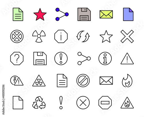 WARNINGS simple set of thin line vector icons. Contains icons such as warning, exclamation mark, reuse, warning sign and more. Editable stroke. Vector illustration