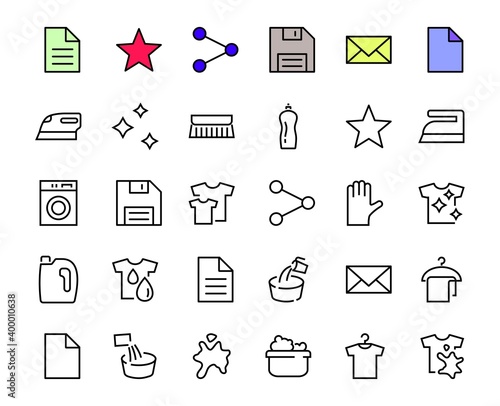 Simple set of washing related vector line Icons. Contains icons such as washing machine, powder, laundry, dirty t-shirt and much more. On a white background, editable stroke. 48x48 pixels perfect