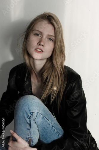 Model test with young beautiful female model with blonde hair