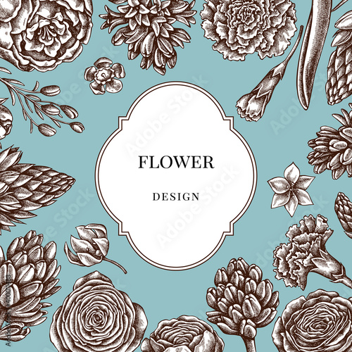 Badge over design with peony, carnation, ranunculus, wax flower, ornithogalum, hyacinth