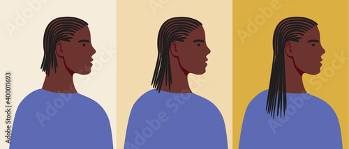 Man with afro hairstyle isolated as hair growth concept, flat vector stock illustration, set with stylish african hairstyle