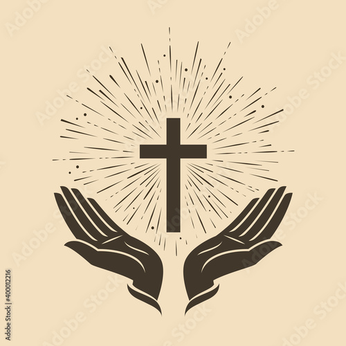 Papier peint Glowing cross with hands symbol. Church logo vector
