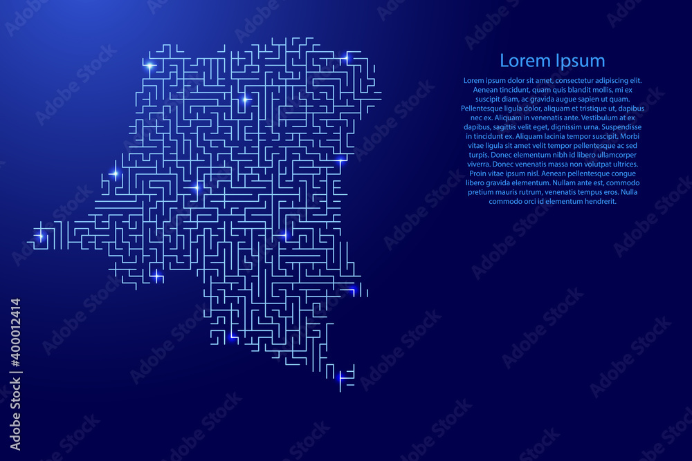 Democratic Republic Of The Congo map from blue pattern of the maze grid and glowing space stars grid. Vector illustration.