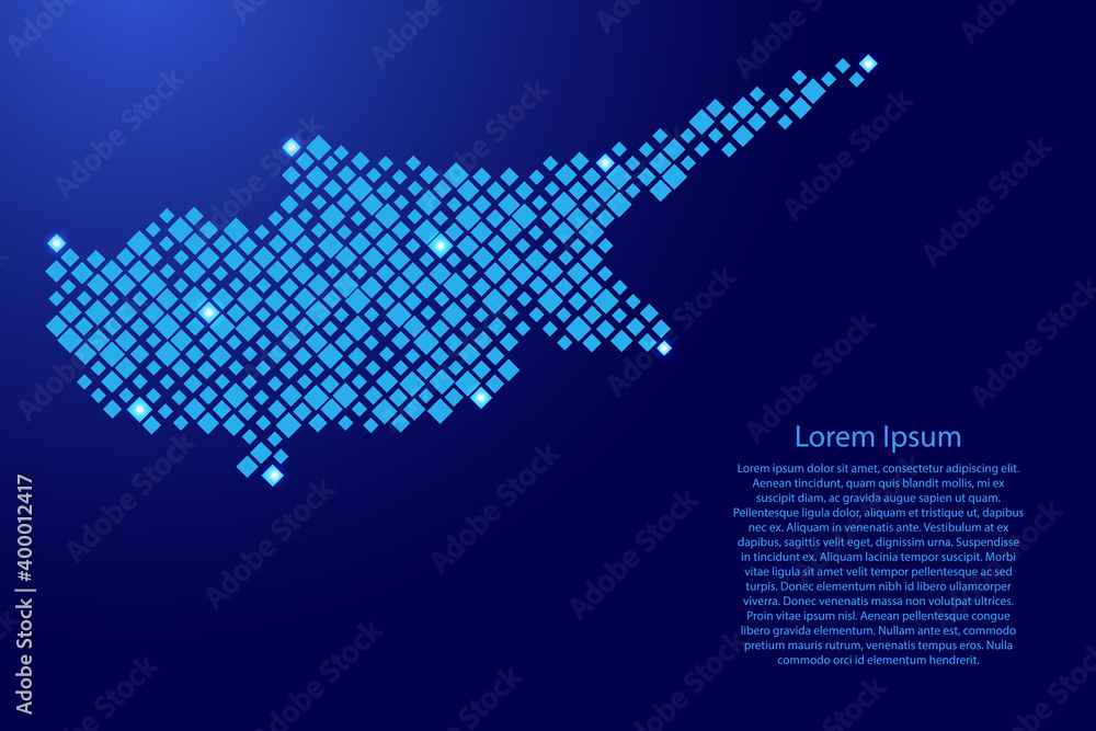 Cyprus map from blue pattern rhombuses of different sizes and glowing space stars grid. Vector illustration.