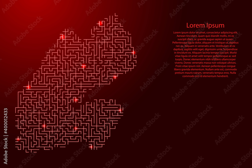 Djibouti map from red pattern of the maze grid and glowing space stars grid. Vector illustration.