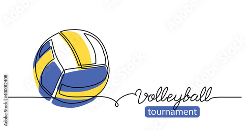Volleyball tournament simple vector background, banner, poster with color ball sketch. One line drawing art illustration of volleyball ball