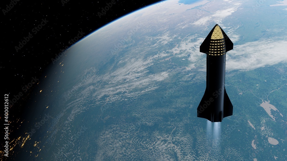 SpaceX Concept Spacecraft in orbit of the Earth. SpaceX Elon Musk Mars programm 3d render - obrazy, fototapety, plakaty 