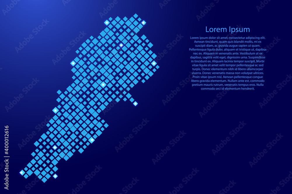 Lebanon map from blue pattern rhombuses of different sizes and glowing space stars grid. Vector illustration.