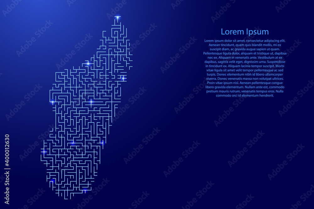 Madagascar map from blue pattern of the maze grid and glowing space stars grid. Vector illustration.