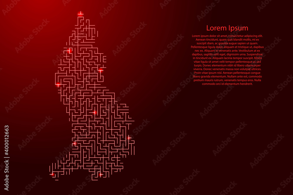 Liechtenstein map from red pattern of the maze grid and glowing space stars grid. Vector illustration. Liechtenstein map from red pattern of the maze grid and glowing space stars grid. Vector illustration.