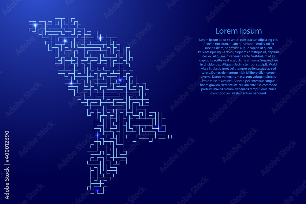 Moldova map from blue pattern of the maze grid and glowing space stars grid. Vector illustration.