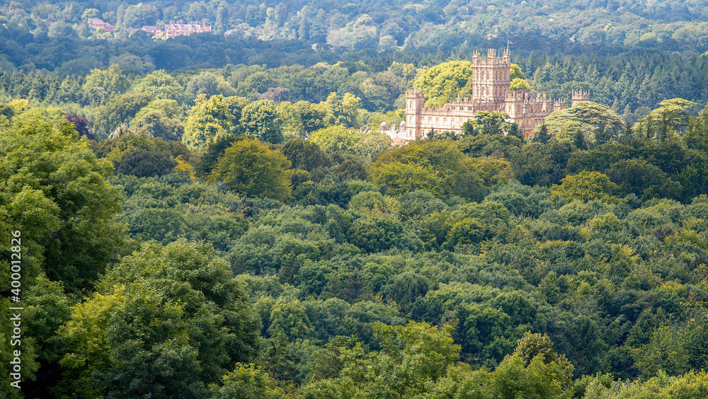 An elevated view of Highclere Castle taken from Beacon Hill in Hampshire, England.	