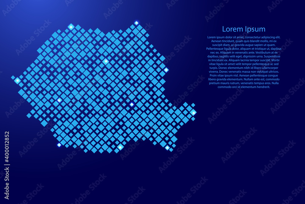 Romania map from blue pattern rhombuses of different sizes and glowing space stars grid. Vector illustration.