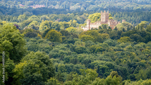 An elevated view of Highclere Castle taken from Beacon Hill in Hampshire, England. 