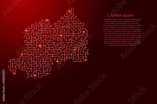 Rwanda map from red pattern of the maze grid and glowing space stars grid. Vector illustration.