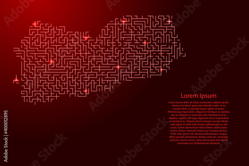 Yemen map from red pattern of the maze grid and glowing space stars grid. Vector illustration. © elenvd