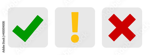 Collection Set of  check mark, exclamation point, X mark icons buttons  isolated on white background. Vector Illustration EPS10