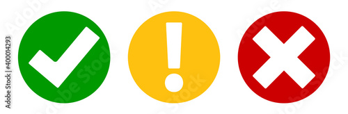 Collection Set of  check mark, exclamation point, X mark icons buttons  isolated on white background. Vector Illustration EPS10