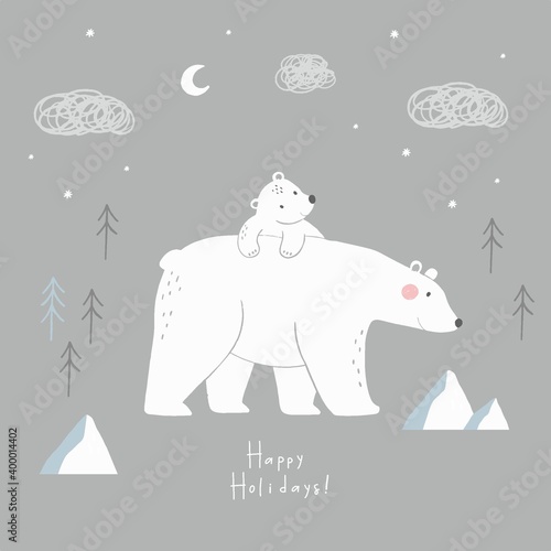 Cute Hand drawn Bear Mom and baby. Christmas Bear