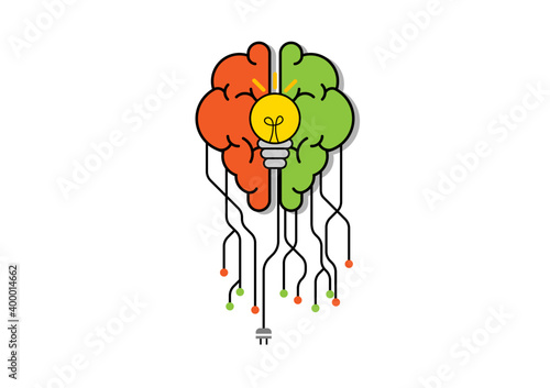 Creative and idea concept. Brain with line and yellow spot and light bulb. Background or banner for design.
