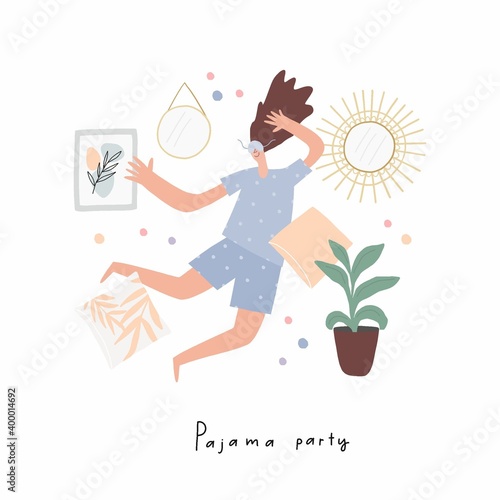 Christmas Pajama party Vector illustration in flat style. Happy people in pajamas  in the bedroom.