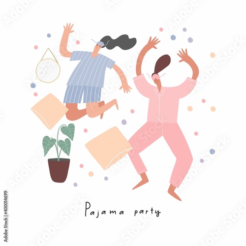 Christmas Pajama party Vector illustration in flat style. Happy people in pajamas  in the bedroom.