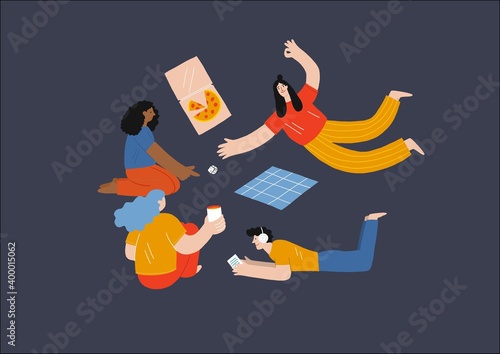 Young people, friends play board games, night games