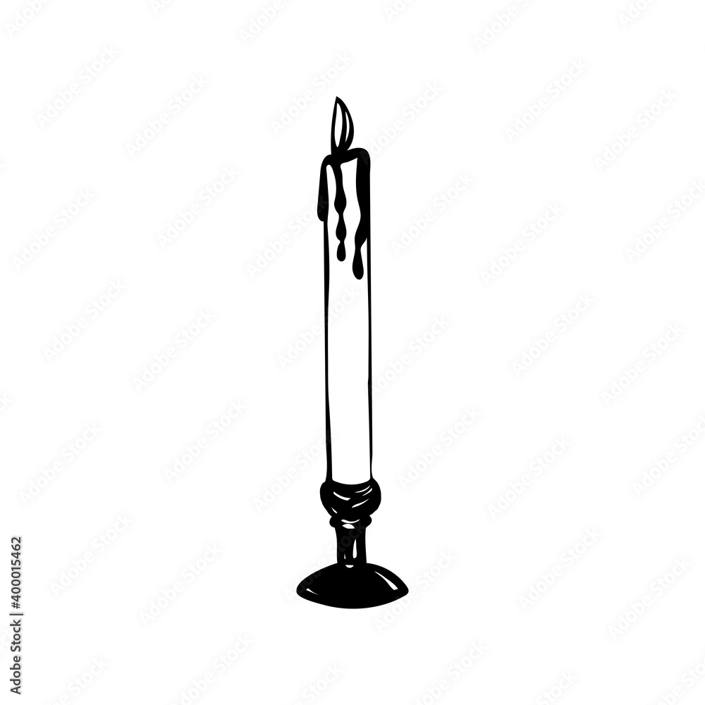 candle in a candlestick drawn in doodle style, vector illustration on a white background. Single element