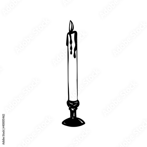 candle in a candlestick drawn in doodle style, vector illustration on a white background. Single element