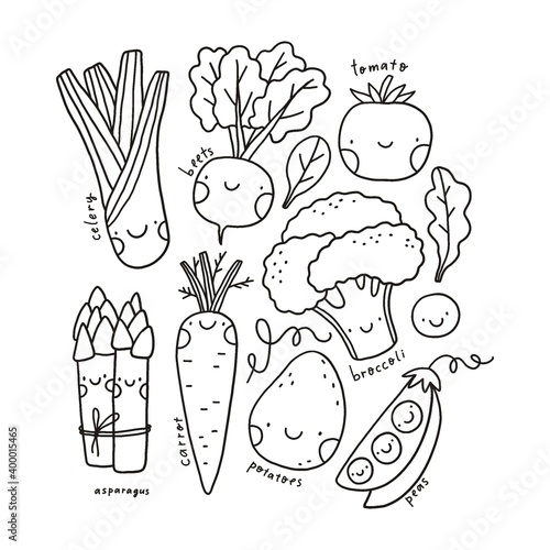 Cute cartoon coloring poster for kids with celery, beets, carrots, broccoli, corn, potatoes, green peas, zucchini, tomato, pumpkin, radish, garlic, pepper, fennel, champignon, spinach, artichoke