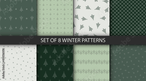 Set of minimalstic delicate christmas tree seamless patterns in green colors. Winter vector textures for wrapping and other design